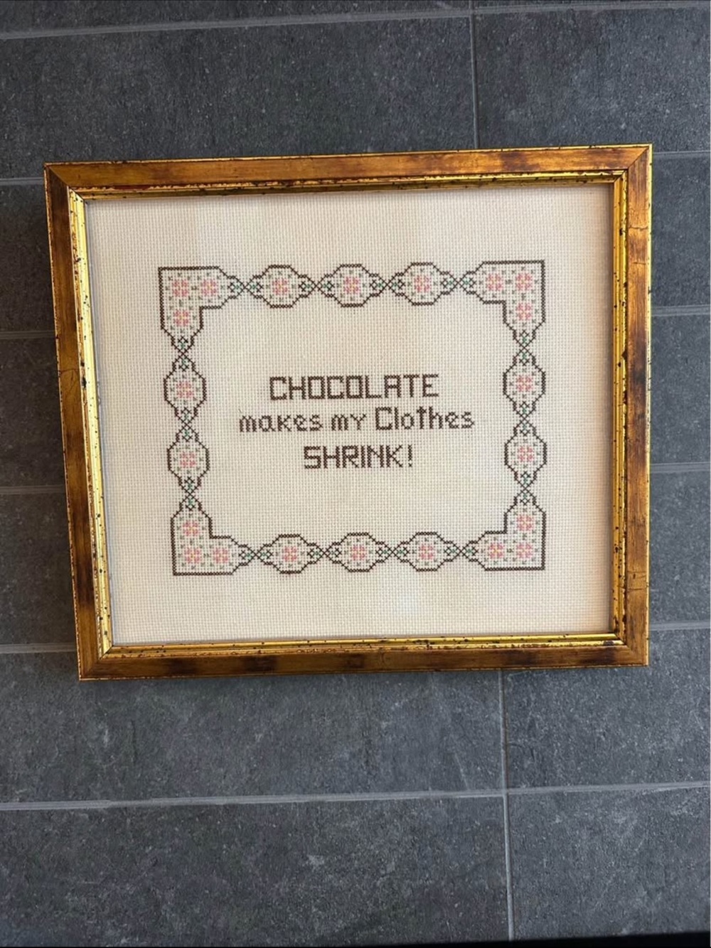 Framed Cross-Stitch Wall Art - "Chocolate Makes My Clothes Shrink" - Gold Frame